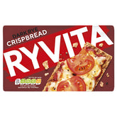 Ryvita Crispbread Dark Rye Crackers 250g pack features this high-fibre, wholegrain rye snack topped with melted cheese and tomato on a red background, plus nutritional details shown.
